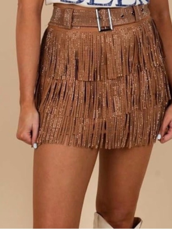 Dresses & Skirts - Embellished Fringe Mini Skirt in Brown with Matching Belt